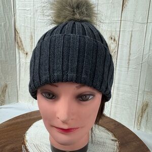 Auxiliary Charcoal Knit Beanie with Faux Fur Pom